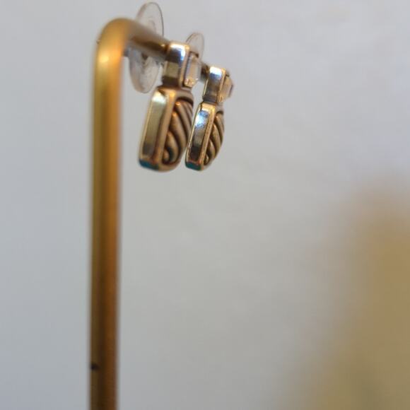 Silver Tone Textured Square W/ Emerald Cut Rhinestone Post Earring - Picture 3 of 4